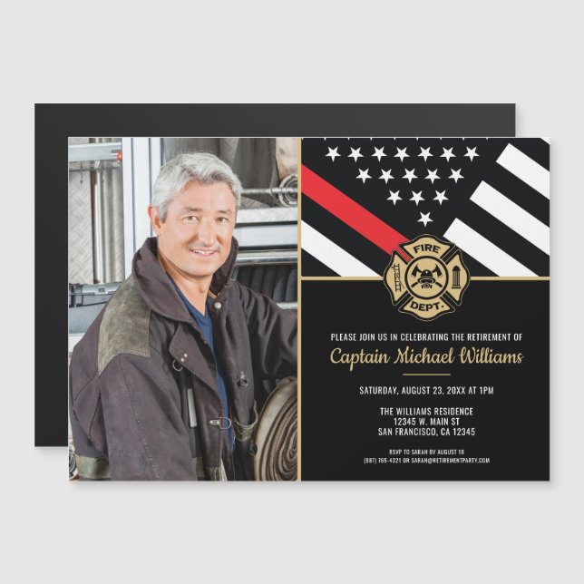 Invitación Magnética Fireman Photo Red Line Flag Firefighter Retirement (Anverso/Reverso)