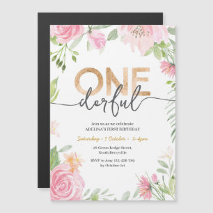Invitación Magnética Flor rosa y oro Un cumpleaños maravilloso Invitaci