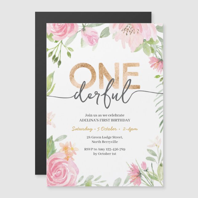 Invitación Magnética Flor rosa y oro Un cumpleaños maravilloso Invitaci (Anverso/Reverso)