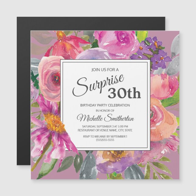 Invitación Magnética Flor violeta rosada 30° fiesta de cumpleaños cuadr (Anverso/Reverso)