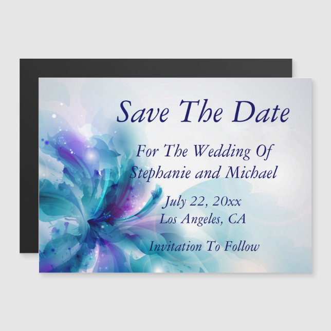 Invitación Magnética Floral abstracta azul y púrpura salva la fecha (Anverso/Reverso)