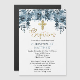 Invitación Magnética Floral azul acuático | Faux Gold Boy Baptism