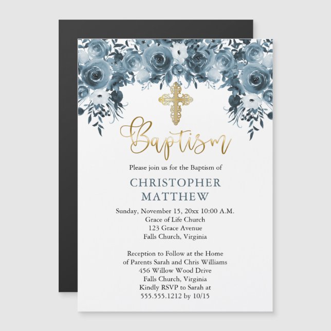 Invitación Magnética Floral azul acuático | Faux Gold Boy Baptism (Anverso/Reverso)