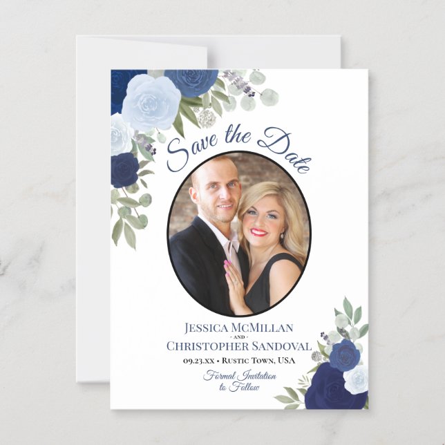 Invitación Magnética Floral azul boho y boda fotográfica salvan la fech (Anverso)