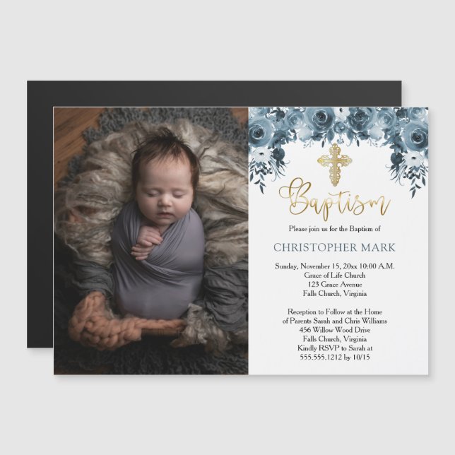 Invitación Magnética Floral azul Faux Gold Boy Photo Baptism (Anverso/Reverso)