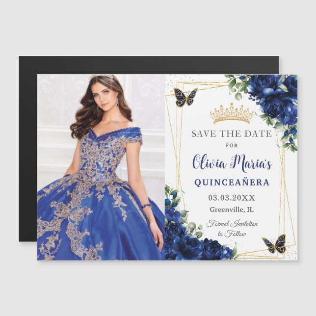 Invitación Magnética Floral azul real Quinceañera Foto Guardar fecha (Anverso/Reverso)