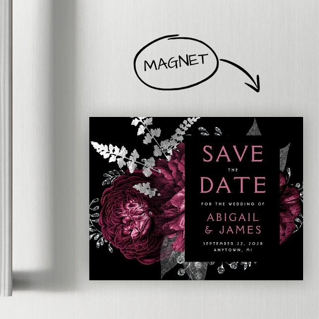 Invitación Magnética Floral Boda de plata borgoñona salva la fecha (Subido por el creador)