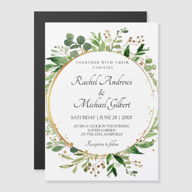 Invitación Magnética Floral Circle Green Gold (Anverso/Reverso)