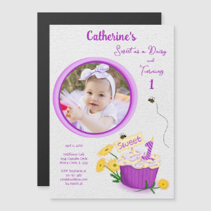 Invitación Magnética Floral Daisy Pastel Chica Primer Cumpleaños