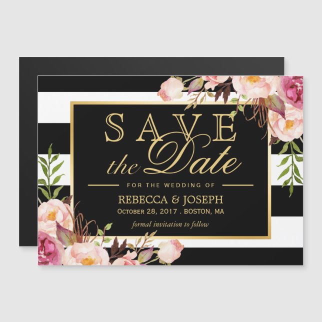 Invitación Magnética Floral envuelto negro y blanco rayado Guardar la f (Anverso/Reverso)