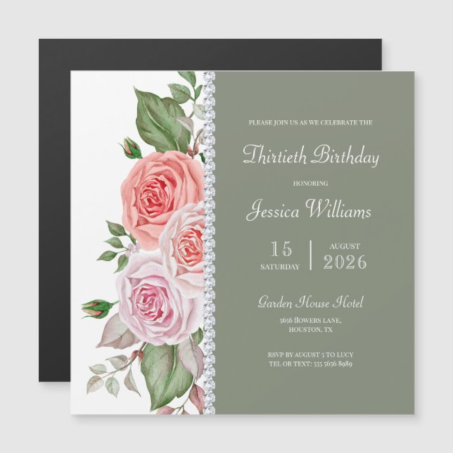 Invitación Magnética Floral Femenina y Diamante 30 cumpleaños (Anverso/Reverso)