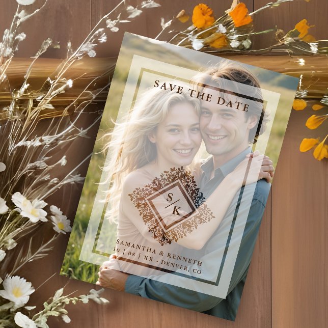Invitación Magnética Floral Ornate Frame Diamond Shape Wedding Initials (Floral Ornate Frame in Diamond Shape with Initials Photo Wedding Magnetic Save the Date Card.)