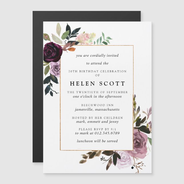 Invitación Magnética Floral rosa púrpura de plumas 70 cumpleaños (Anverso/Reverso)