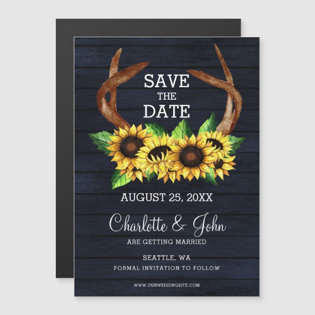 Invitación Magnética florecientes girasoles antlers país salva la fecha (Anverso/Reverso)