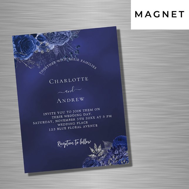 Invitación Magnética Flores azul marino elegante boda de lujo (Subido por el creador)