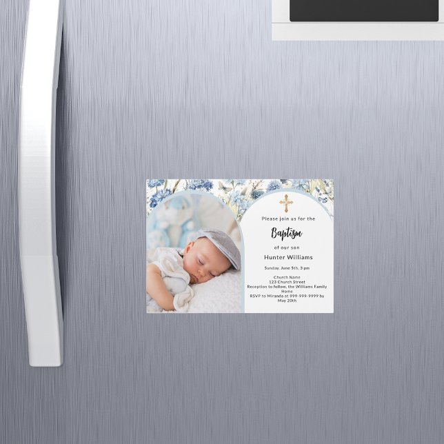Invitación Magnética Flores azules foto niño cruza bautismo (Subido por el creador)