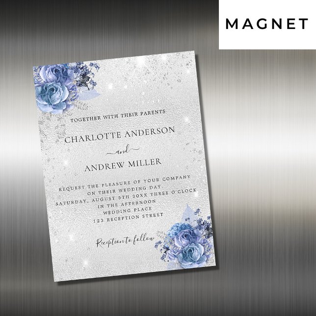 Invitación Magnética Flores azules plateadas elegante boda de lujo (Subido por el creador)