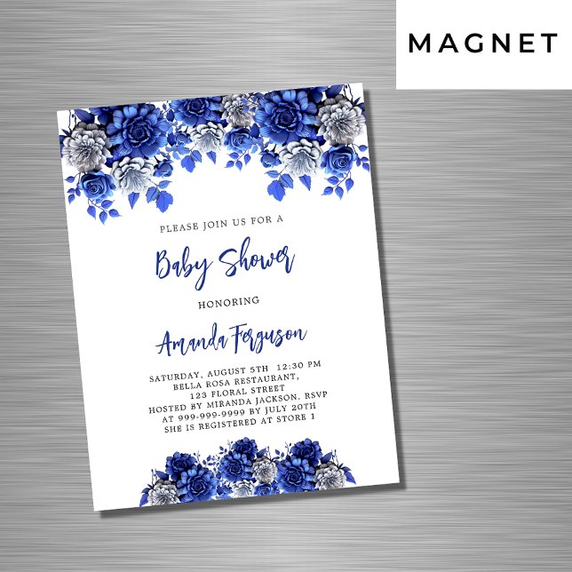 Invitación Magnética Flores blancas azules reales niño de lujo (Subido por el creador)
