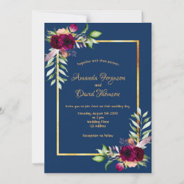 Invitación Magnética Flores de Borgoña verde oro boho boda azul