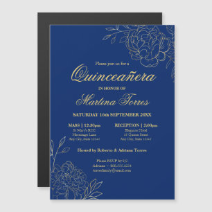 Invitación Magnética Flores de oro Royal Floral Azul Quinceanera