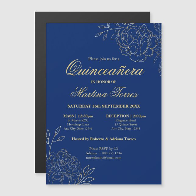 Invitación Magnética Flores de oro Royal Floral Azul Quinceanera (Anverso/Reverso)