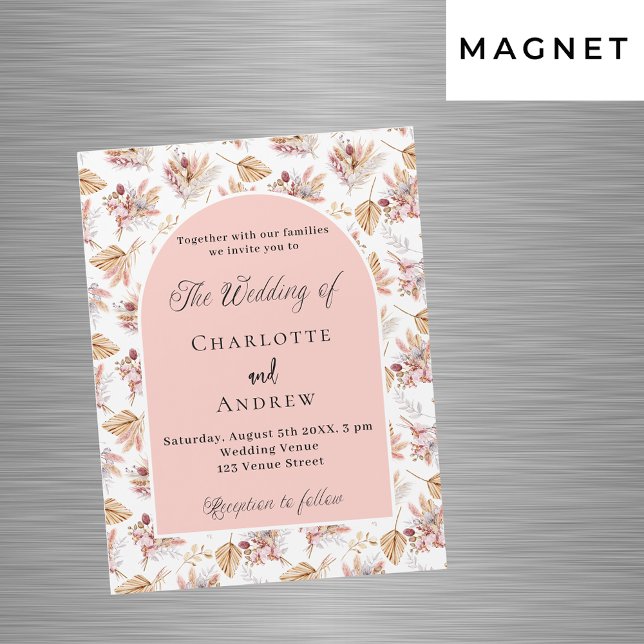 Invitación Magnética Flores de pasto rosa boda de lujo de boho oro (Subido por el creador)