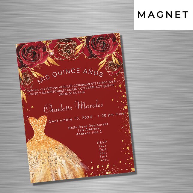 Invitación Magnética Flores de traje de oro rojo Quinceanera (Subido por el creador)