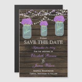 Invitación Magnética Flores moradas Mason Jars Barn Wood Boda