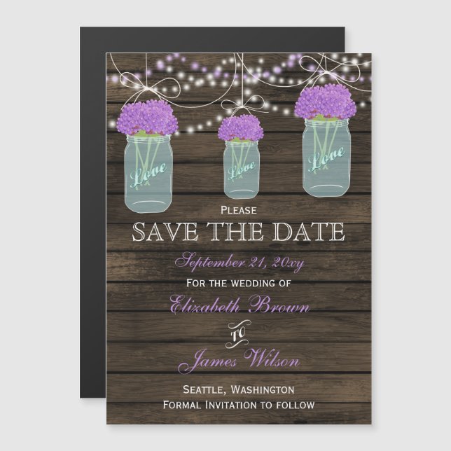Invitación Magnética Flores moradas Mason Jars Barn Wood Boda (Anverso/Reverso)
