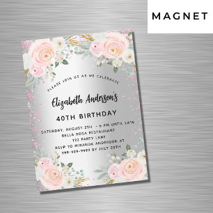 Invitación Magnética Flores rosa plateadas de cumpleaños purpurina de l