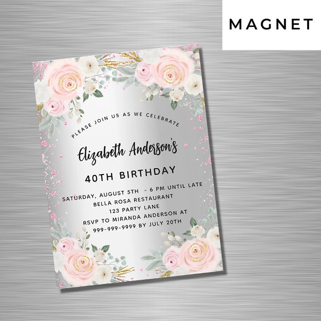 Invitación Magnética Flores rosa plateadas de cumpleaños purpurina de l (Subido por el creador)