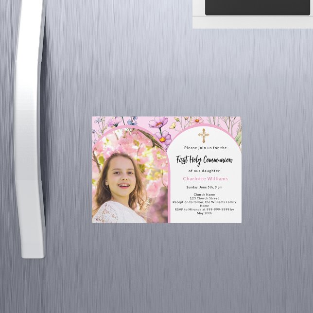Invitación Magnética Flores rosadas foto arco chica Primera Santa Comun (Subido por el creador)