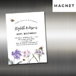 Invitación Magnética Flores silvestres de cumpleaños violeta de las abe<br><div class="desc">Un fondo blanco. Decorado con abejas y flores silvestres pintadas en violeta y rosa. Personalice y agregue un nombre y detalles del fiesta.</div>
