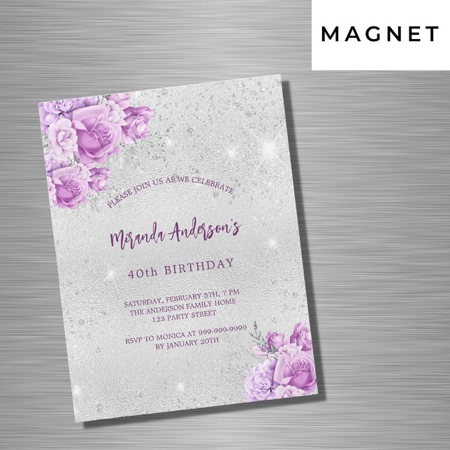Invitación Magnética Flores violeta rosadas plateadas de lujo (Subido por el creador)