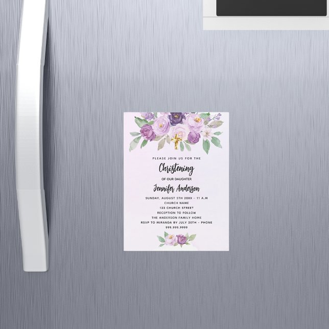 Invitación Magnética Flores violetas cristianas cruzan el lujo (Subido por el creador)