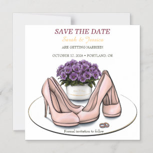 Invitación Magnética Flores Violetas Elegantes Boda Lesbiana Salva la F