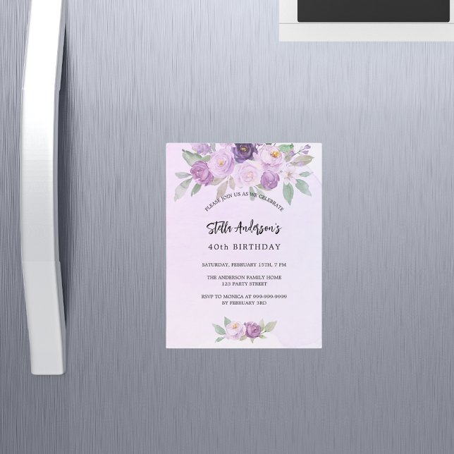 Invitación Magnética Flores violetas verdes cumpleaños de lujo (Subido por el creador)