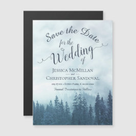 Invitación Magnética Foggy Blue Mountain Pines Wedding Save the Date