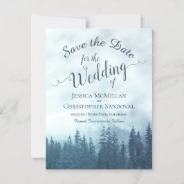 Invitación Magnética Foggy Blue Mountain Pines Wedding Save the Date