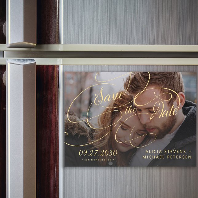 Invitación Magnética Foto: boda clásica de escritura de oro para guarda (Subido por el creador)