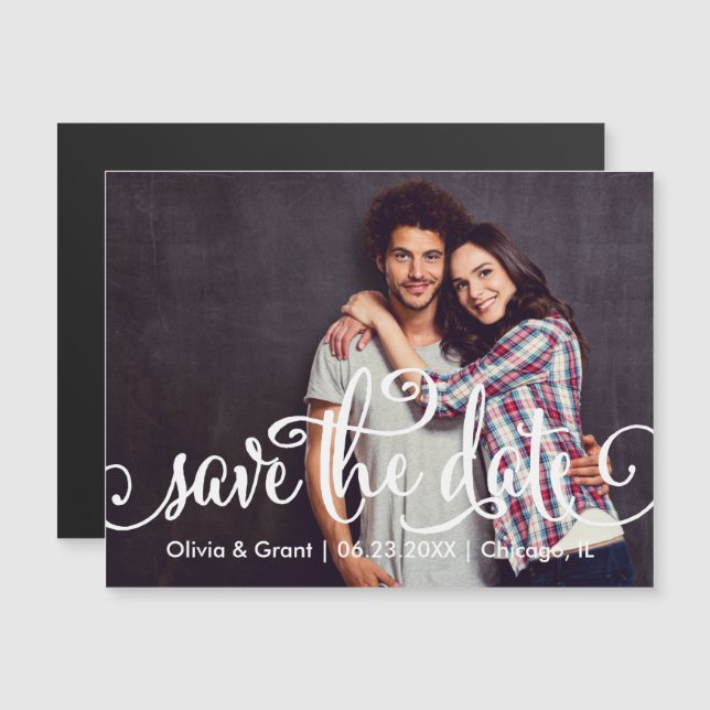 Invitación Magnética Foto boda Guardar la fecha | Guión blanco moderno (Anverso/Reverso)
