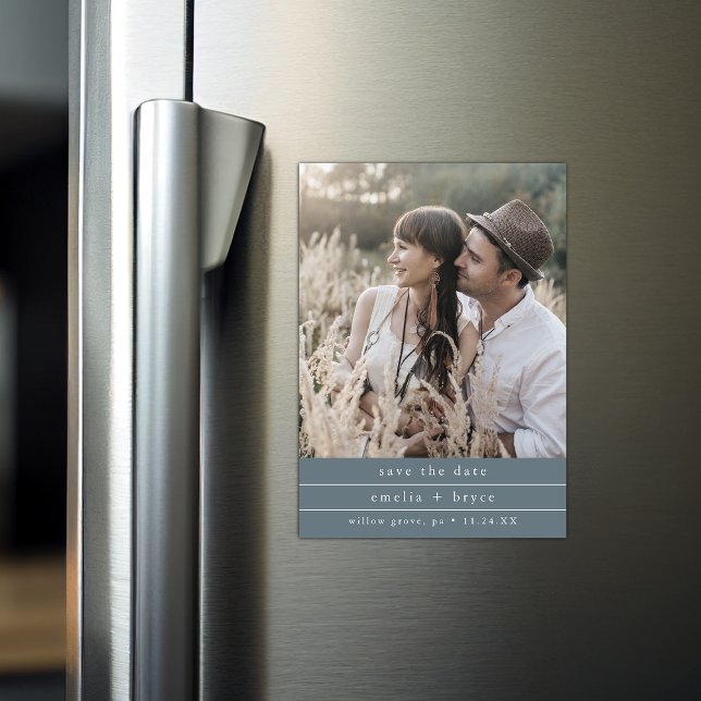 Invitación Magnética Foto Boho de EMELIA Boda azul oscura salva la fech (EMELIA Photo Boho Dark Blue Wedding Save the Date Magnetic Invitation)