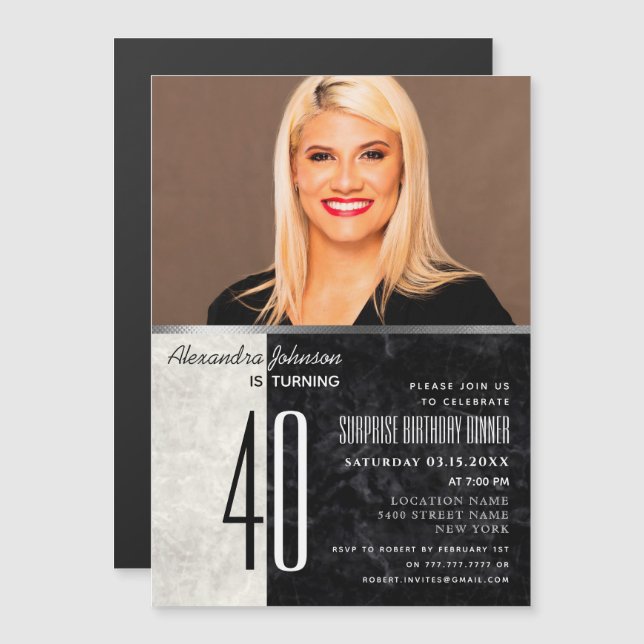 Invitación Magnética Foto Cumpleaños 40 Negro y Blanco (Anverso/Reverso)