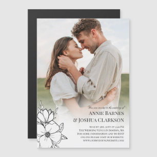 Invitación Magnética Foto de boda con flores dibujadas a mano blancas