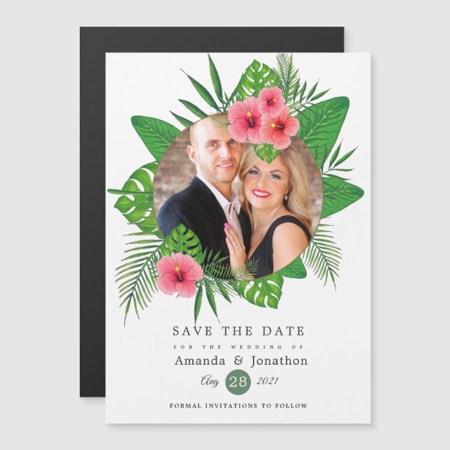 Invitación Magnética Foto de boda hawaiana Luau Tropical con acuarela (Anverso/Reverso)