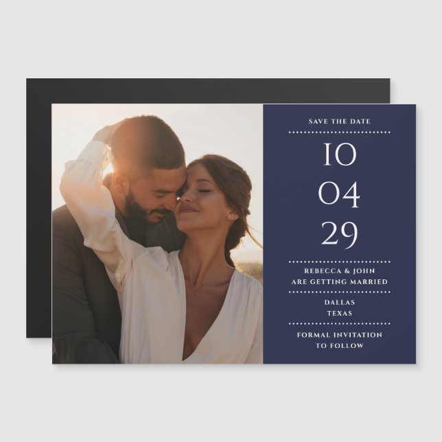 Invitación Magnética Foto de Boda moderno azul marino Save the Date (Anverso/Reverso)