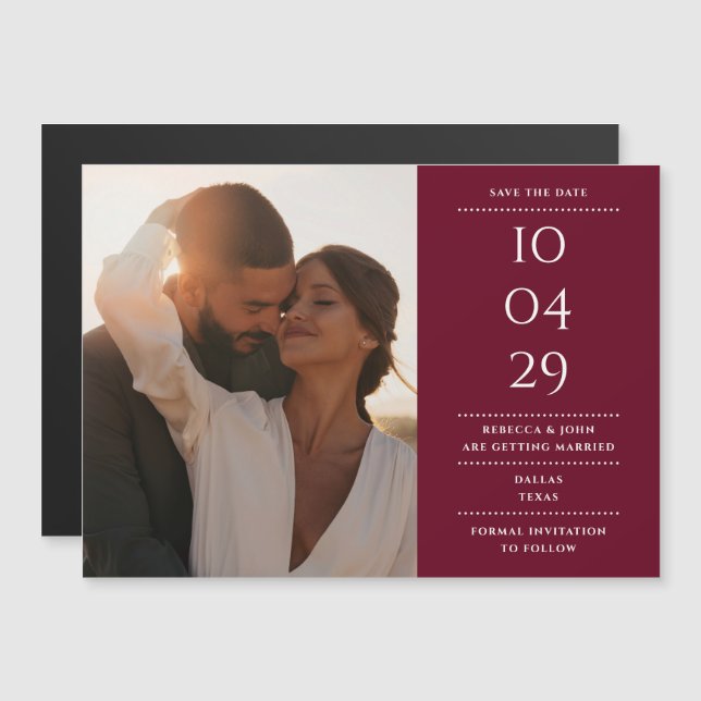 Invitación Magnética Foto de Boda moderno de Borgoña salva la fecha (Anverso/Reverso)