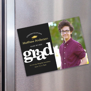 Invitación Magnética Foto de Graduación Tipografía Negro Oro Bold Moder