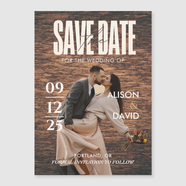 Invitación Magnética Foto De La Revista Rustic Wood Save The Date Boda (Anverso)