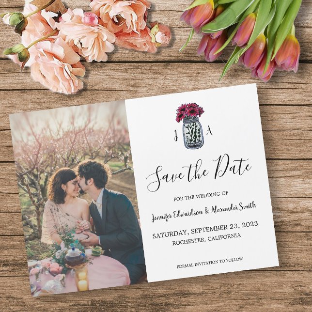 Invitación Magnética Foto de monograma del frasco rustico Mason Save th (Rustic Mason jar monogram photo Save the Date Magnetic Invitation. You can add your own photo.)